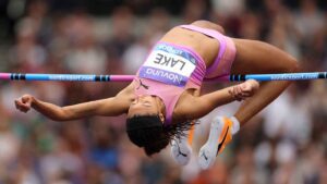 Morgan Lake competing in the High Jump at the Novuna London Athletics Meet