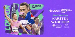 graphic created with three images of Karston celebrating after winning, punching the air and holding the Diamond League trophy